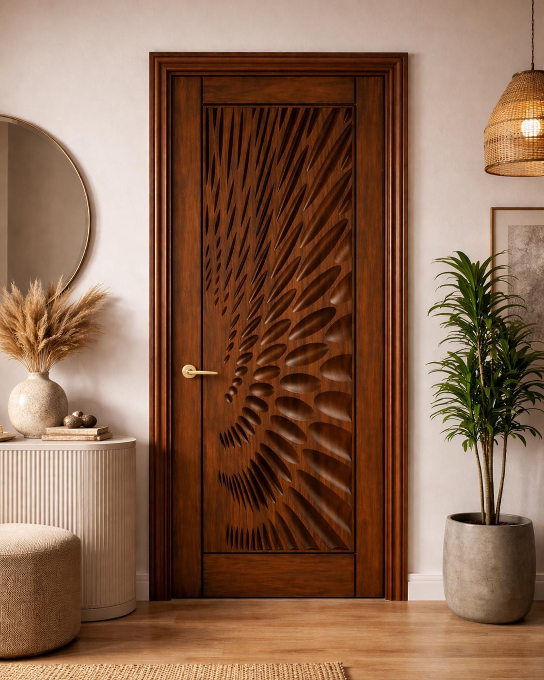 Solid Teak Wood Carved Door | CNC Wave Panel, Traditional Entryway Home Decor
