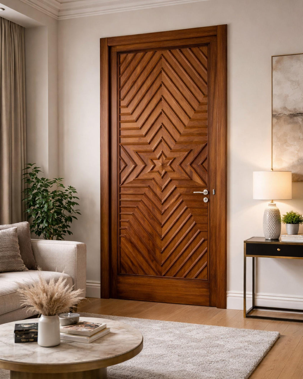 Solid Teak Wood Door | CNC Wave Design, Custom Size Entrance Door