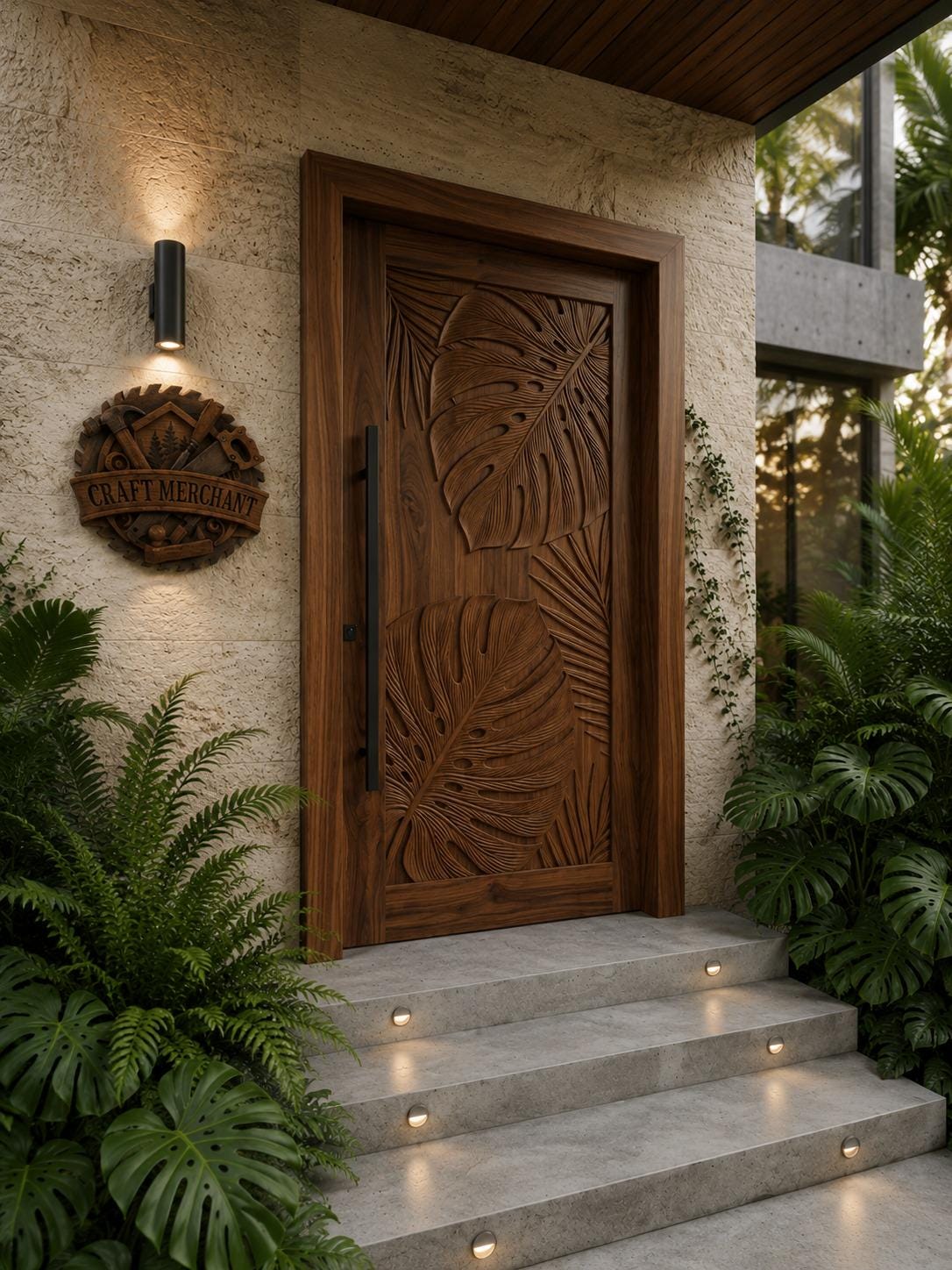Solid Teak Wood Door | Hand Carved Tropical Leaf Exterior Entry Door
