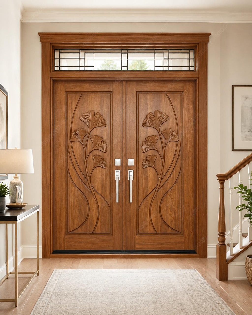 Solid Teak Wood Double Entry Door | Hand Carved Wave Design Exterior Wooden Door